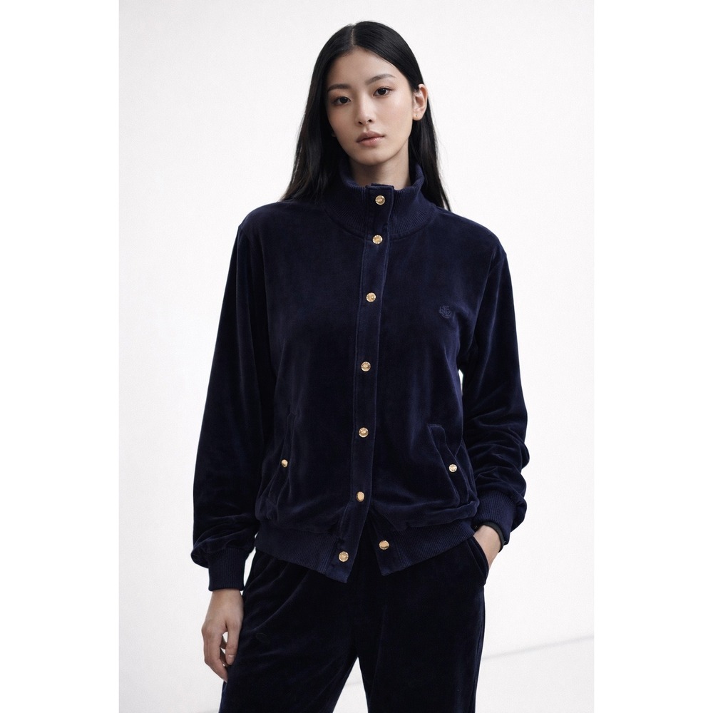 LRL Ralph Lauren Navy Velvet Track Jacket Sz XL Gold Snaps Vintage Y2K City Chic
